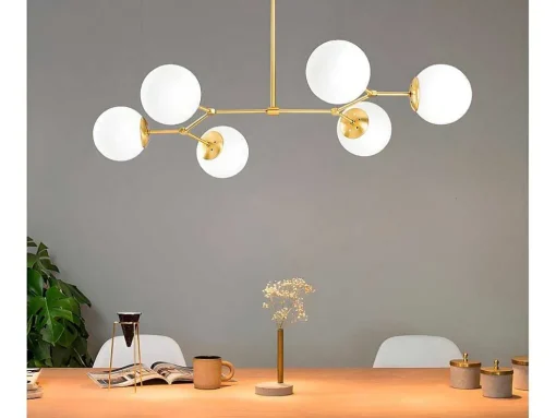 Metalen Plafondlamp Met 6 Bollen Damar - L. 100 X H. 52 Cm - Wit En Goudkleurig