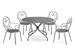 Metalen Tuineethoek Met Gietijzeren Stijl: Een Tafel D120 Cm En 4 Opstapelbare Fauteuils - Antraciet - Guermantes Van Mylia