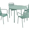 Metalen Tuinsalon Mirmande - Tafel D110 Cm + 4 Stapelbare Fauteuils - Amandelgroen