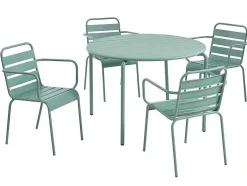 Metalen Tuinsalon Mirmande - Tafel D110 Cm + 4 Stapelbare Fauteuils - Amandelgroen