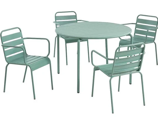 Metalen Tuinsalon Mirmande - Tafel D110 Cm + 4 Stapelbare Fauteuils - Amandelgroen