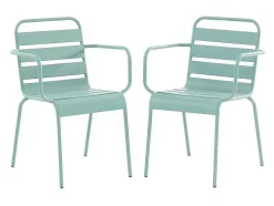 Metalen Tuinsalon Mirmande - Tafel D110 Cm + 4 Stapelbare Fauteuils - Amandelgroen