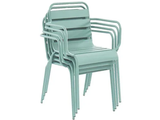 Metalen Tuinsalon Mirmande - Tafel D110 Cm + 4 Stapelbare Fauteuils - Amandelgroen