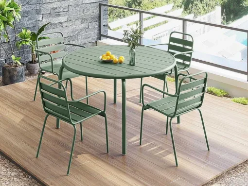 Metalen Tuinsalon Mirmande - Tafel D110 Cm + 4 Stapelbare Fauteuils - Amandelgroen