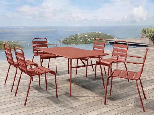 Metalen Tuinset - Tafel L.160 Cm Met 2 Stapelstoelen En 4 Stapelstoelen - Terracotta - Mirmande