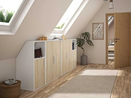 Meubel Voor Onder Een Hellend Dak 6 Deuren En 2 Nissen - Wit En Naturel - Adezio