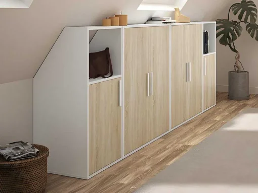 Meubel Voor Onder Een Hellend Dak 6 Deuren En 2 Nissen - Wit En Naturel - Adezio