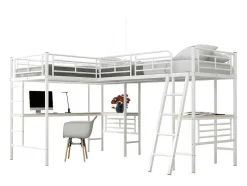 Mezzaninebed - 2 Bedden 90X200 Cm - 2 Bureaus Onder Het Bed - Wit
