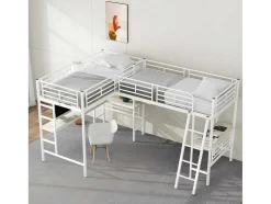 Mezzaninebed - 2 Bedden 90X200 Cm - 2 Bureaus Onder Het Bed - Wit