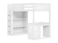 Mezzaninebed 90X200 Cm - Met Opbergmeubel En Bureau - Massief Hout - Wit