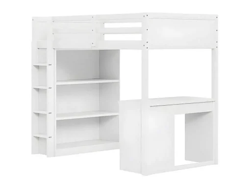 Mezzaninebed 90X200 Cm - Met Opbergmeubel En Bureau - Massief Hout - Wit