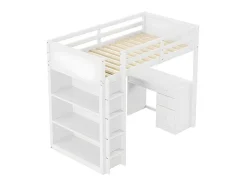 Mezzaninebed 90X200 Cm - Met Opbergmeubel En Bureau - Massief Hout - Wit