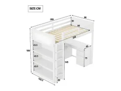 Mezzaninebed 90X200 Cm - Met Opbergmeubel En Bureau - Massief Hout - Wit