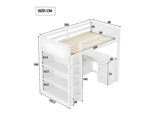 Mezzaninebed 90X200 Cm - Met Opbergmeubel En Bureau - Massief Hout - Wit