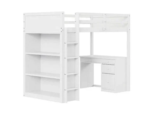 Mezzaninebed 90X200 Cm - Met Opbergmeubel En Bureau - Massief Hout - Wit