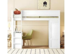 Mezzaninebed 90X200Cm - Multifunctioneel Kinderbed - Voorzien Van Kledingkast En Bureau - In Massief Grenen - Wit