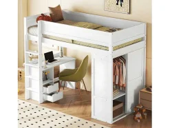 Mezzaninebed 90X200Cm - Multifunctioneel Kinderbed - Voorzien Van Kledingkast En Bureau - In Massief Grenen - Wit