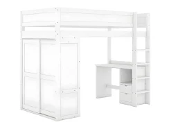Mezzaninebed 90X200Cm - Multifunctioneel Kinderbed - Voorzien Van Kledingkast En Bureau - In Massief Grenen - Wit