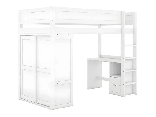 Mezzaninebed 90X200Cm - Multifunctioneel Kinderbed - Voorzien Van Kledingkast En Bureau - In Massief Grenen - Wit