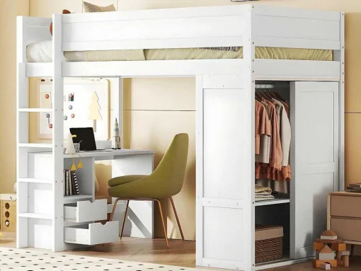 Mezzaninebed 90X200Cm - Multifunctioneel Kinderbed - Voorzien Van Kledingkast En Bureau - In Massief Grenen - Wit