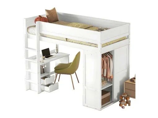 Mezzaninebed 90X200Cm - Multifunctioneel Kinderbed - Voorzien Van Kledingkast En Bureau - In Massief Grenen - Wit