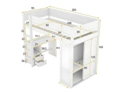 Mezzaninebed 90X200Cm - Multifunctioneel Kinderbed - Voorzien Van Kledingkast En Bureau - In Massief Grenen - Wit