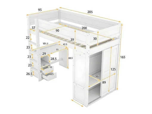 Mezzaninebed 90X200Cm - Multifunctioneel Kinderbed - Voorzien Van Kledingkast En Bureau - In Massief Grenen - Wit