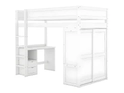 Mezzaninebed 90X200Cm - Multifunctioneel Kinderbed - Voorzien Van Kledingkast En Bureau - In Massief Grenen - Wit