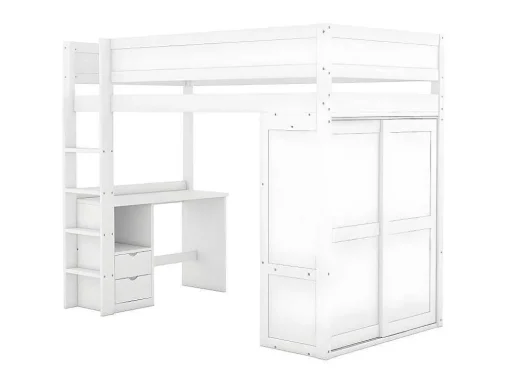 Mezzaninebed 90X200Cm - Multifunctioneel Kinderbed - Voorzien Van Kledingkast En Bureau - In Massief Grenen - Wit