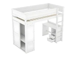 Mezzaninebed 90X200Cm - Multifunctioneel Kinderbed - Voorzien Van Kledingkast En Bureau - In Massief Grenen - Wit