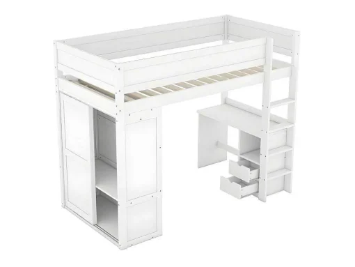 Mezzaninebed 90X200Cm - Multifunctioneel Kinderbed - Voorzien Van Kledingkast En Bureau - In Massief Grenen - Wit