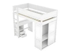 Mezzaninebed 90X200Cm - Multifunctioneel Kinderbed - Voorzien Van Kledingkast En Bureau - In Massief Grenen - Wit
