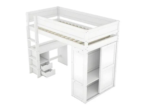 Mezzaninebed 90X200Cm - Multifunctioneel Kinderbed - Voorzien Van Kledingkast En Bureau - In Massief Grenen - Wit