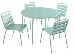 Mirmande Metalen Eettafelset Voor Buiten - Een Tafel D.110 Cm En 4 Stapelbare Stoelen - Amandelgroen