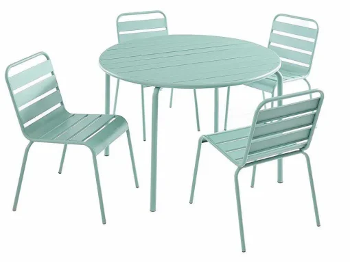Mirmande Metalen Eettafelset Voor Buiten - Een Tafel D.110 Cm En 4 Stapelbare Stoelen - Amandelgroen