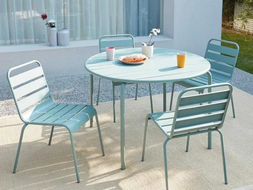 Mirmande Metalen Eettafelset Voor Buiten - Een Tafel D.110 Cm En 4 Stapelbare Stoelen - Amandelgroen