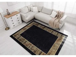 Miro 51223.806 Tapijt Wasbaar Kader, Grieks Antislip - Zwart / Goud 200X290 Cm
