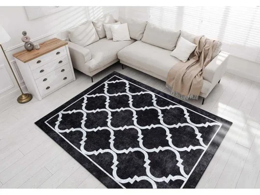 Miro 51639.806 Tapijt Wasbaar Trellis Geruite Antislip - Zwart 200X290 Cm