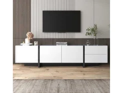 Modern Tv-Meubel 190Cm Met 3 Deuren En 2 Lades - Glanzend Wit & Zwart