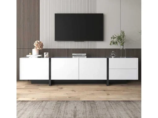 Modern Tv-Meubel 190Cm Met 3 Deuren En 2 Lades - Glanzend Wit & Zwart