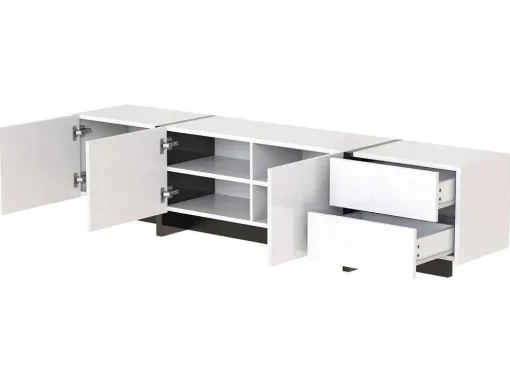 Modern Tv-Meubel 190Cm Met 3 Deuren En 2 Lades - Glanzend Wit & Zwart