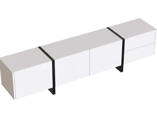 Modern Tv-Meubel 190Cm Met 3 Deuren En 2 Lades - Glanzend Wit & Zwart