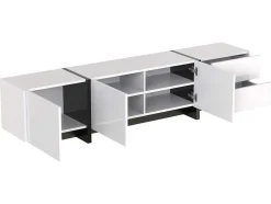 Modern Tv-Meubel 190Cm Met 3 Deuren En 2 Lades - Glanzend Wit & Zwart