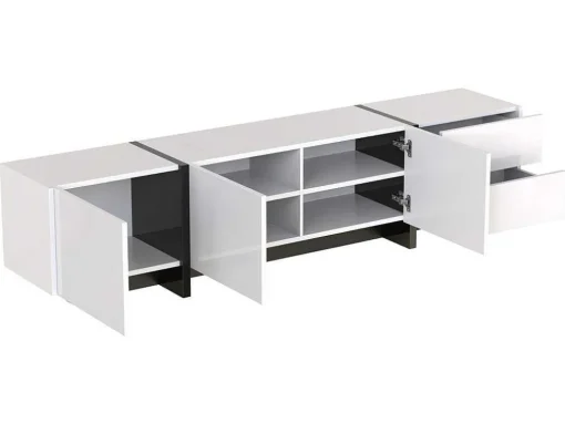 Modern Tv-Meubel 190Cm Met 3 Deuren En 2 Lades - Glanzend Wit & Zwart