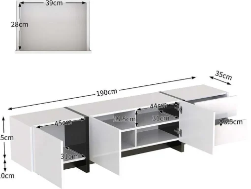 Modern Tv-Meubel 190Cm Met 3 Deuren En 2 Lades - Glanzend Wit & Zwart