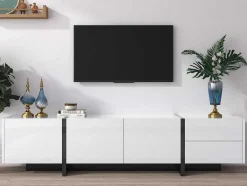 Modern Tv-Meubel 190Cm Met 3 Deuren En 2 Lades - Glanzend Wit & Zwart