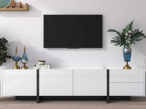 Modern Tv-Meubel 190Cm Met 3 Deuren En 2 Lades - Glanzend Wit & Zwart