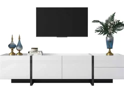 Modern Tv-Meubel 190Cm Met 3 Deuren En 2 Lades - Glanzend Wit & Zwart