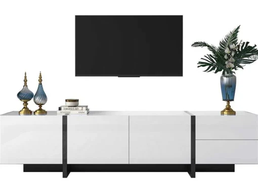 Modern Tv-Meubel 190Cm Met 3 Deuren En 2 Lades - Glanzend Wit & Zwart