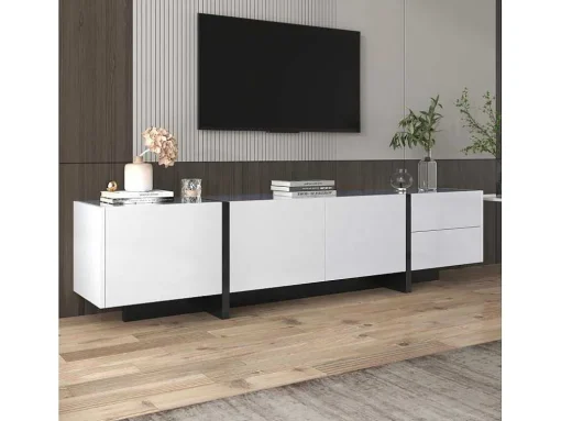Modern Tv-Meubel 190Cm Met 3 Deuren En 2 Lades - Glanzend Wit & Zwart